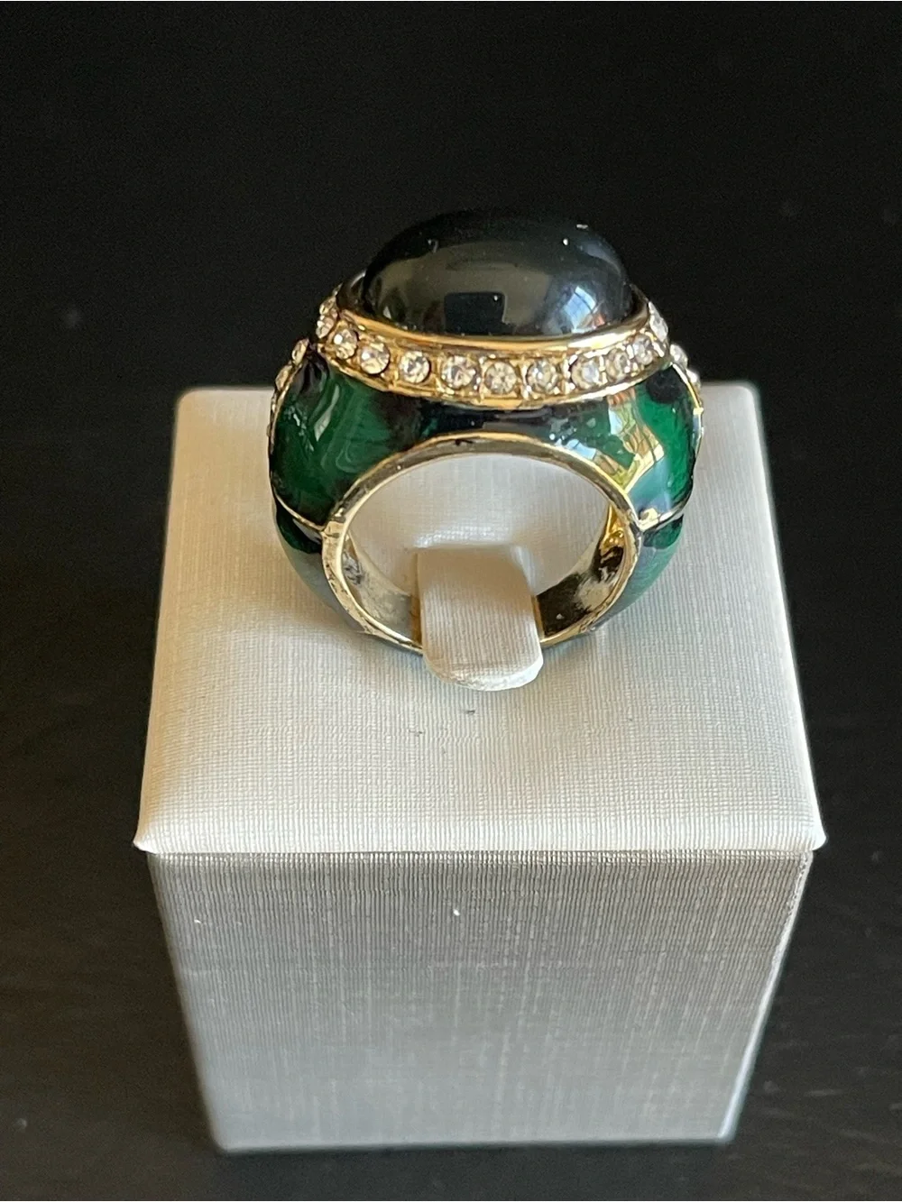Vintage Green cabochon & green enamel Statement Ring with Crystal Halo.